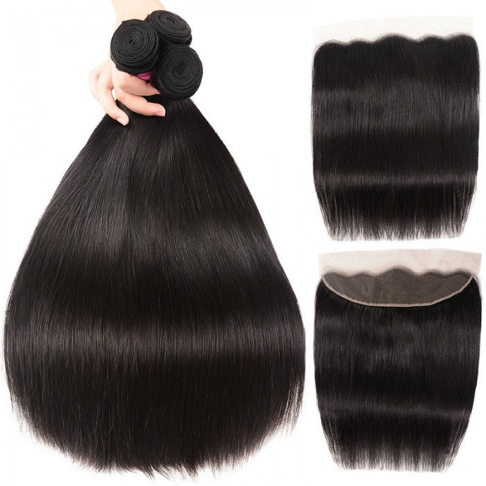Natural Straight 3 Bundles Virgin Human Hair Weft With 13x4 Frontal Closure