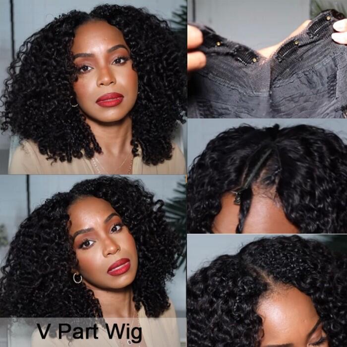 Thin V Part Wigs Affordable Bob Curly Wig Human Hair Wigs Easy Install Wig