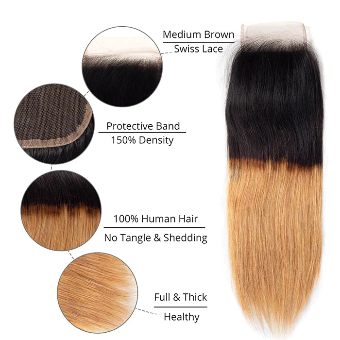 Ombre 1B/27 Straight Human Hair 3 Bundles With 4x4 Lace Closure