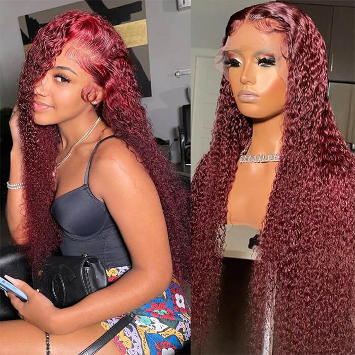 Pizazz Hair 99J Burgundy Deep Wave Lace Front Wigs Human Hair 250% Density 13x6 Glueless HD Transparent Lace Frontal Wigs