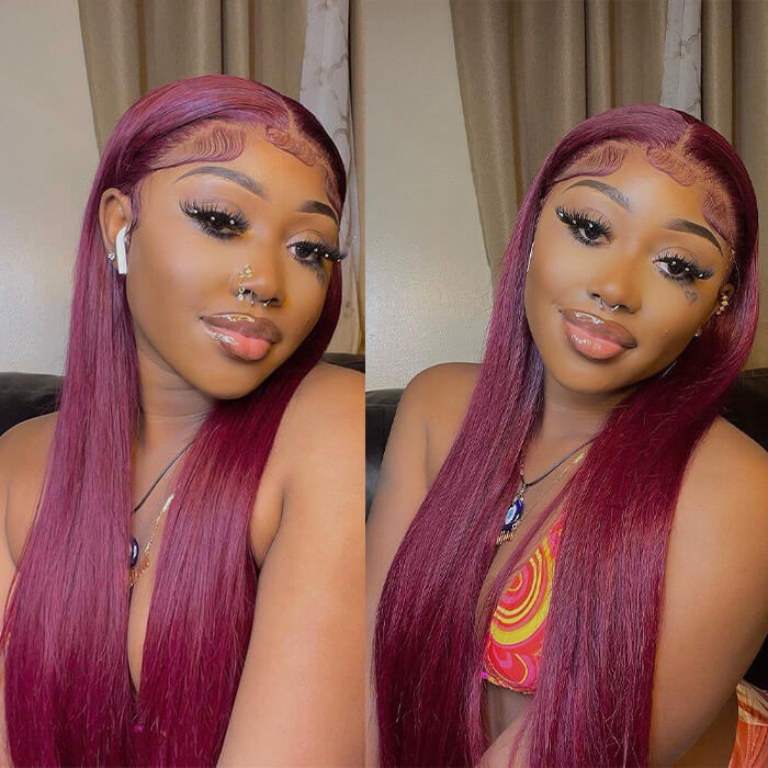 Pizazz 99j Burgundy Lace Front Wigs Human Hair 28Inch 13x6 Burgundy Wig Human Hair 250% Density Brazilian Virgin Straight Human Hair Wigs