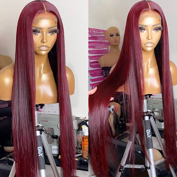 99J Color Burgundy Wig 4*4 5*5 HD Lace Closure Wigs Straight Human Hair Wigs For Women-Pizazz Hair