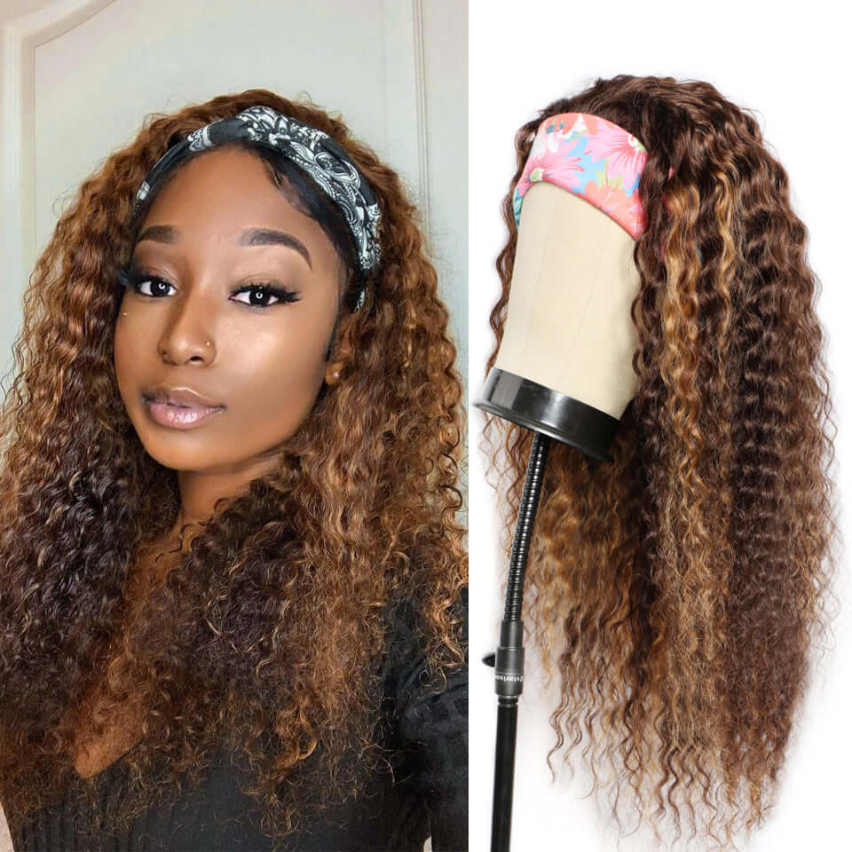 #4/27 Mix Color Highlights Curly Headband Wigs 100% Virgin Human Hair