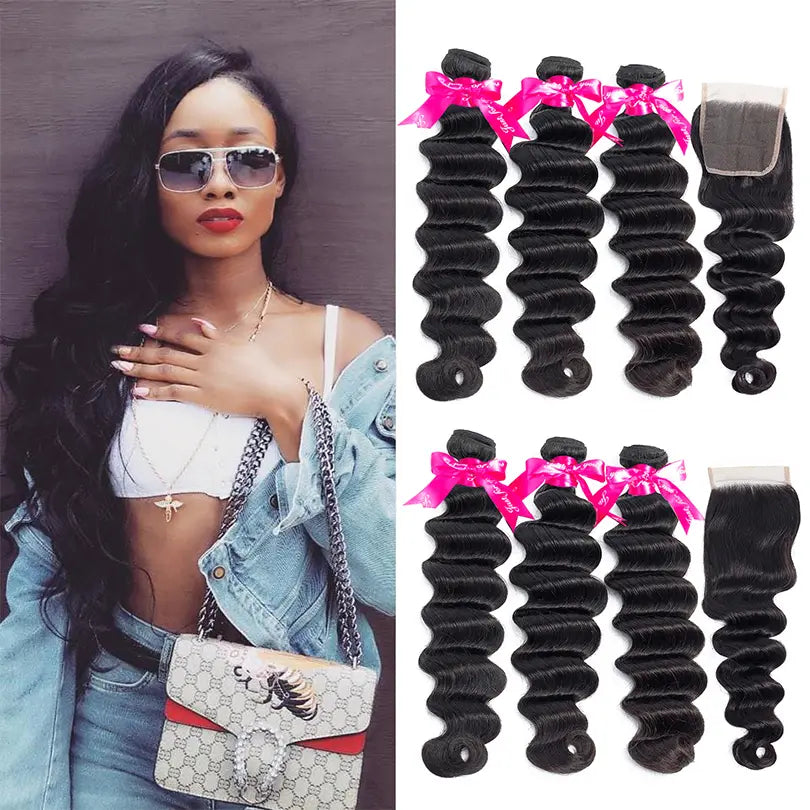 Loose Deep 3 Bundles Hair Weft With 4x4 Lace Closure Virgin Human Hair