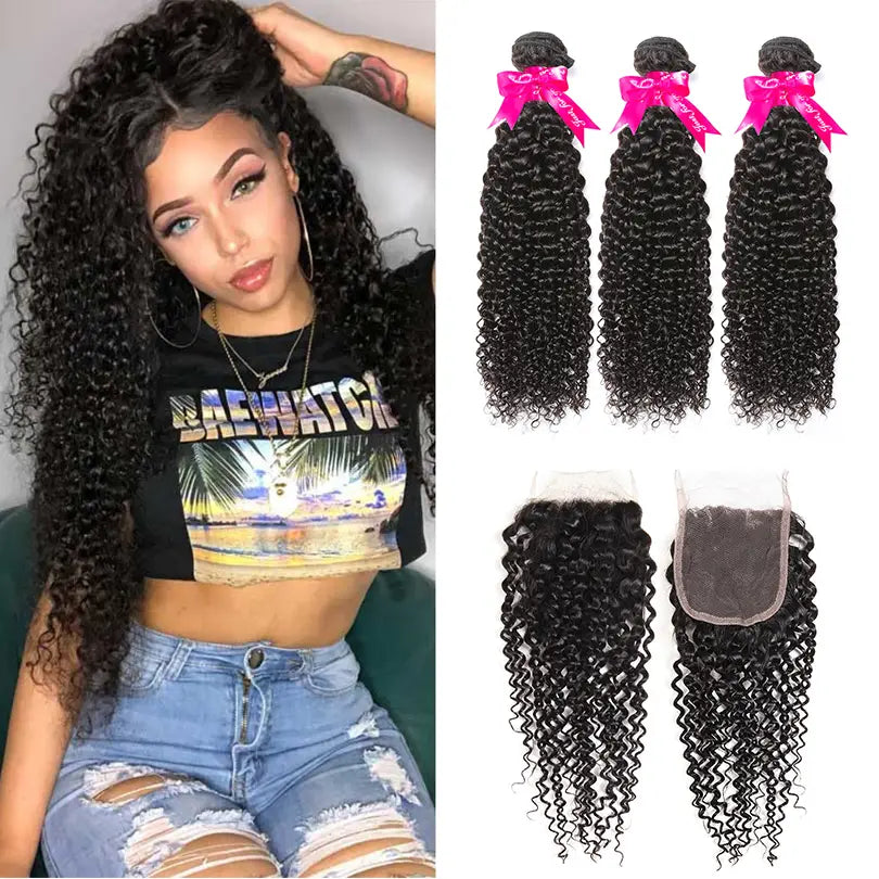 Jerry Curly 3 Bundles Hair Weft With 4x4 Lace Closure Virgin Human Hair