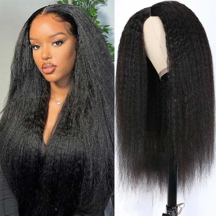 Glueless Kinky Straight V Part Human Hair Wigs With New Upgrade Airy Cap Clip and Go Wig
