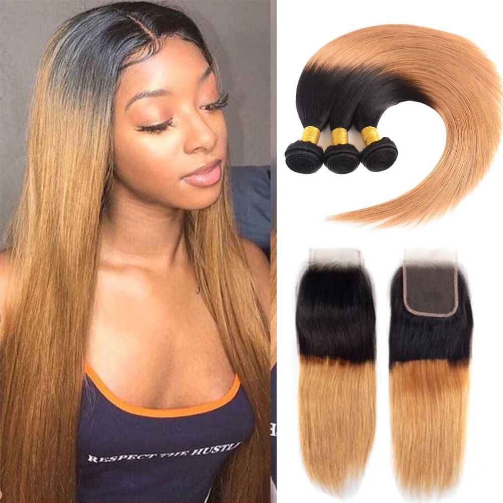 Ombre 1B/27 Straight Human Hair 3 Bundles With 4x4 Lace Closure