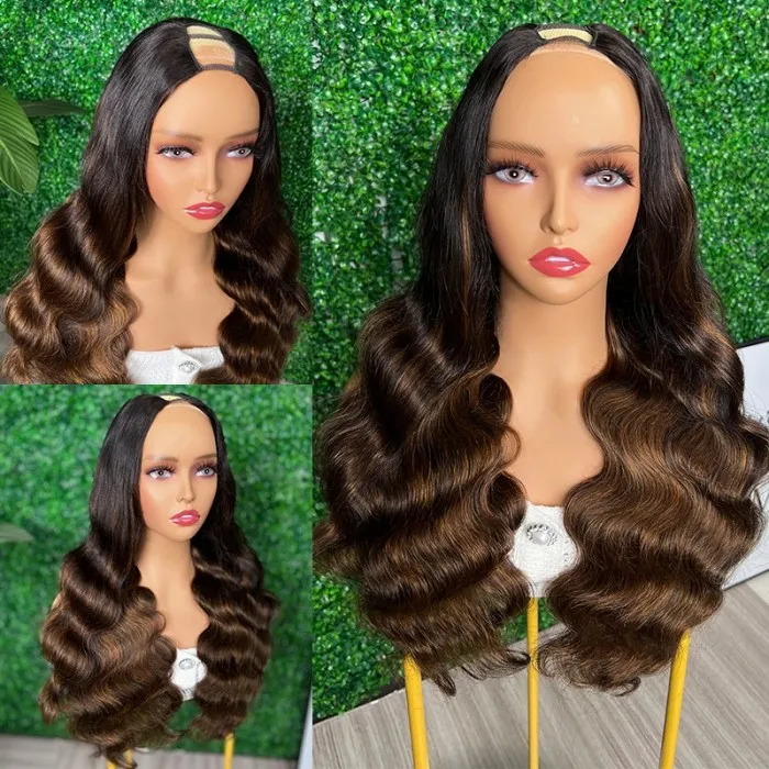 U Part Human Hair Wigs With Brown Highlights Glueless Natural Wig Look