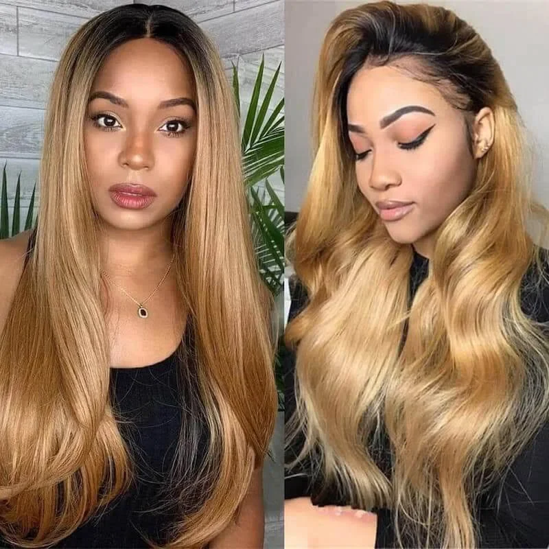 Honey Blonde Lace Front Wigs With Black Root 13x4 HD Lace Ombre Wig T1B/27 Color 180% Density