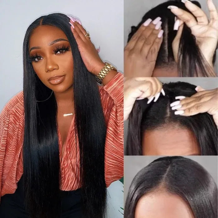 Glueless Straight V Part Human Hair Wigs New Upgrade Airy Cap Clip and Go Wig