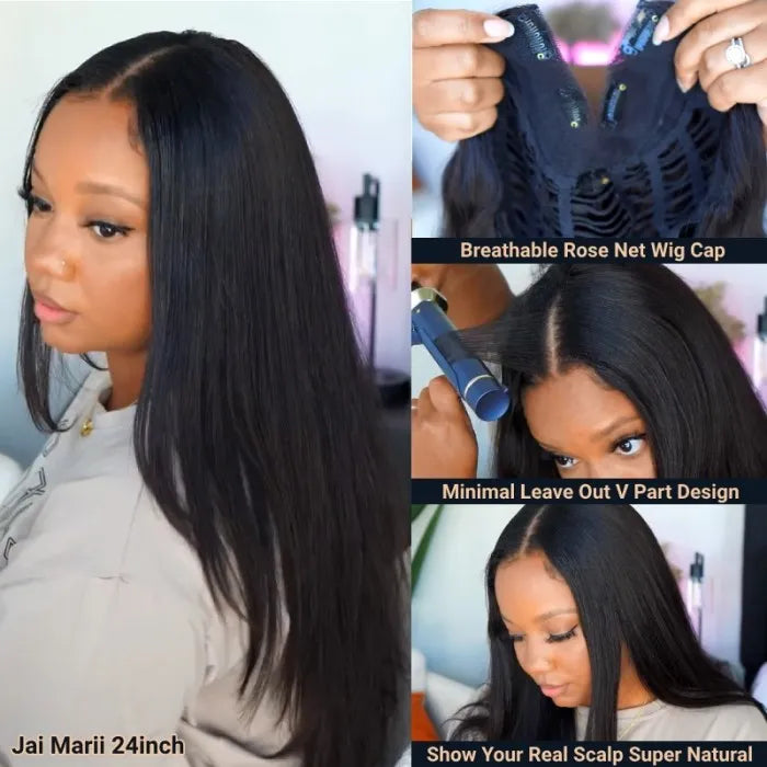 Glueless Straight V Part Human Hair Wigs New Upgrade Airy Cap Clip and Go Wig