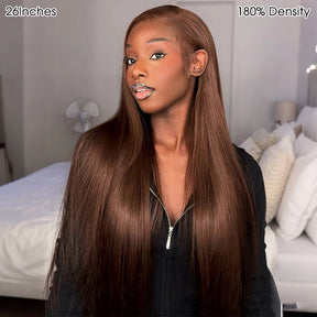 #4 Chocolate Brown Straight 13×6 HD Lace Full Frontal Wig Pull & Go Glueless Wig Versatile Styles
