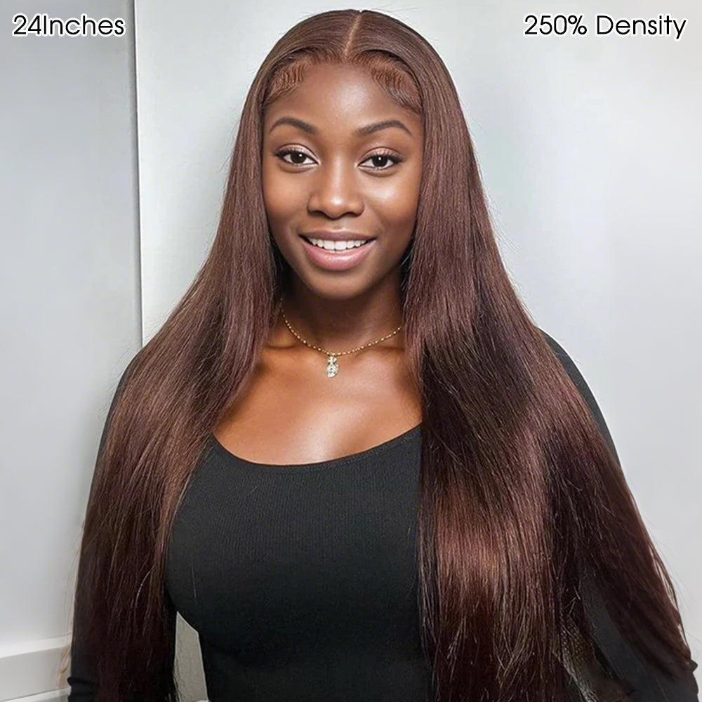 #4 Chocolate Brown Straight 13×6 HD Lace Full Frontal Wig Pull & Go Glueless Wig Versatile Styles