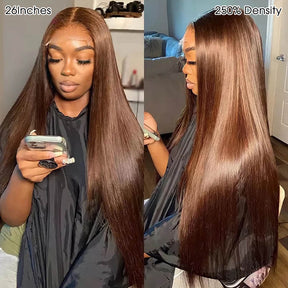 #4 Chocolate Brown Straight 13×6 HD Lace Full Frontal Wig Pull & Go Glueless Wig Versatile Styles