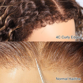 Pizazz 4C Edges Honey Blonde Highlight 4/27 Curly Kinky Edges 13x6 HD Lace Front Wig 100% Human Hair