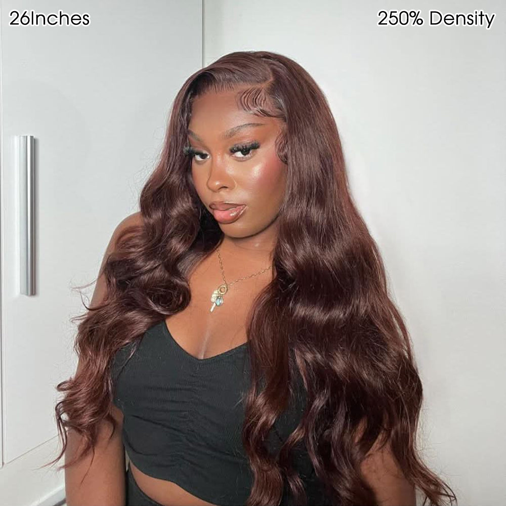13x6 Glueless Chocolate Brown Layered Cut Face Framing Body Wave With Drawstring 100% Human Hair Wig