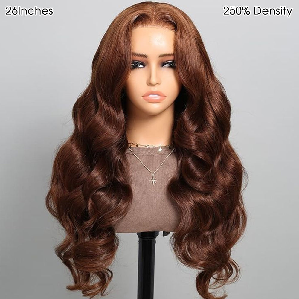 13x6 Glueless Chocolate Brown Layered Cut Face Framing Body Wave With Drawstring 100% Human Hair Wig