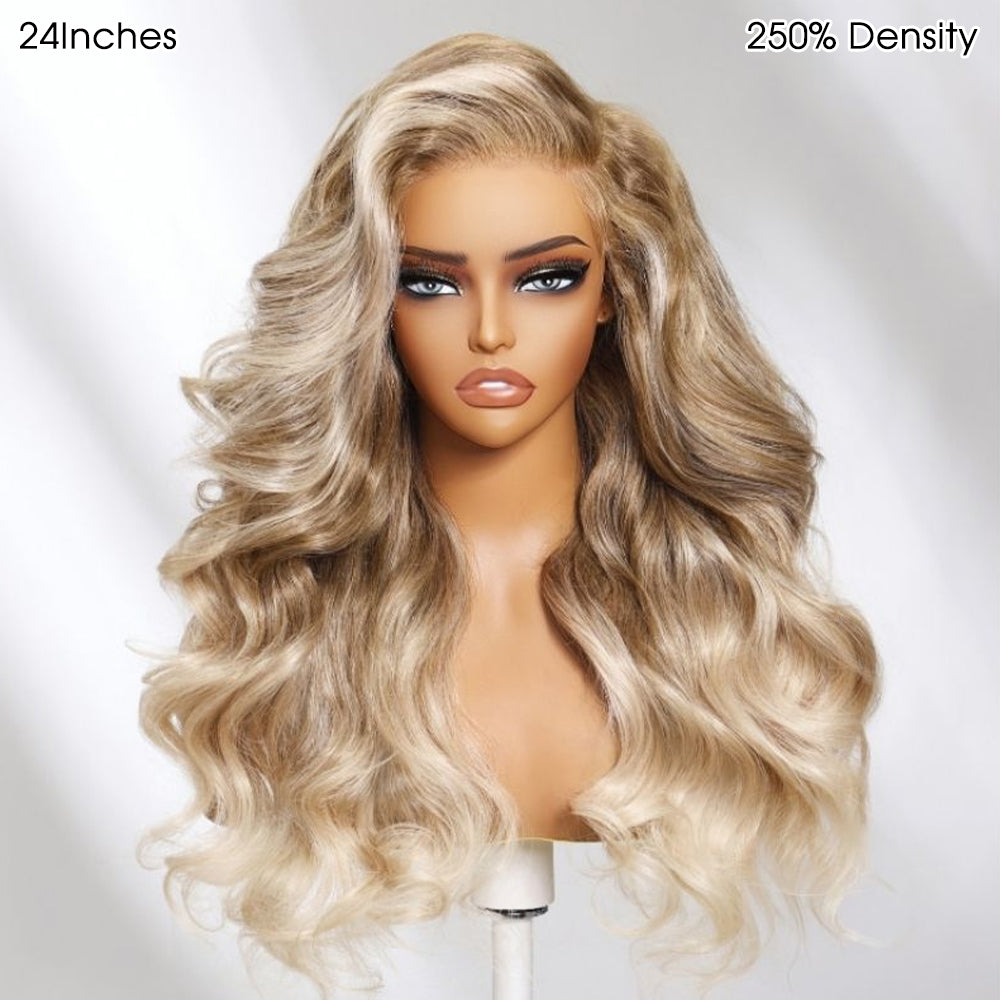 Curtain Bangs Barbie Blonde Hair With P18/613 Highlights Wig Body Wave Glueless HD Lace Human Hair Wigs