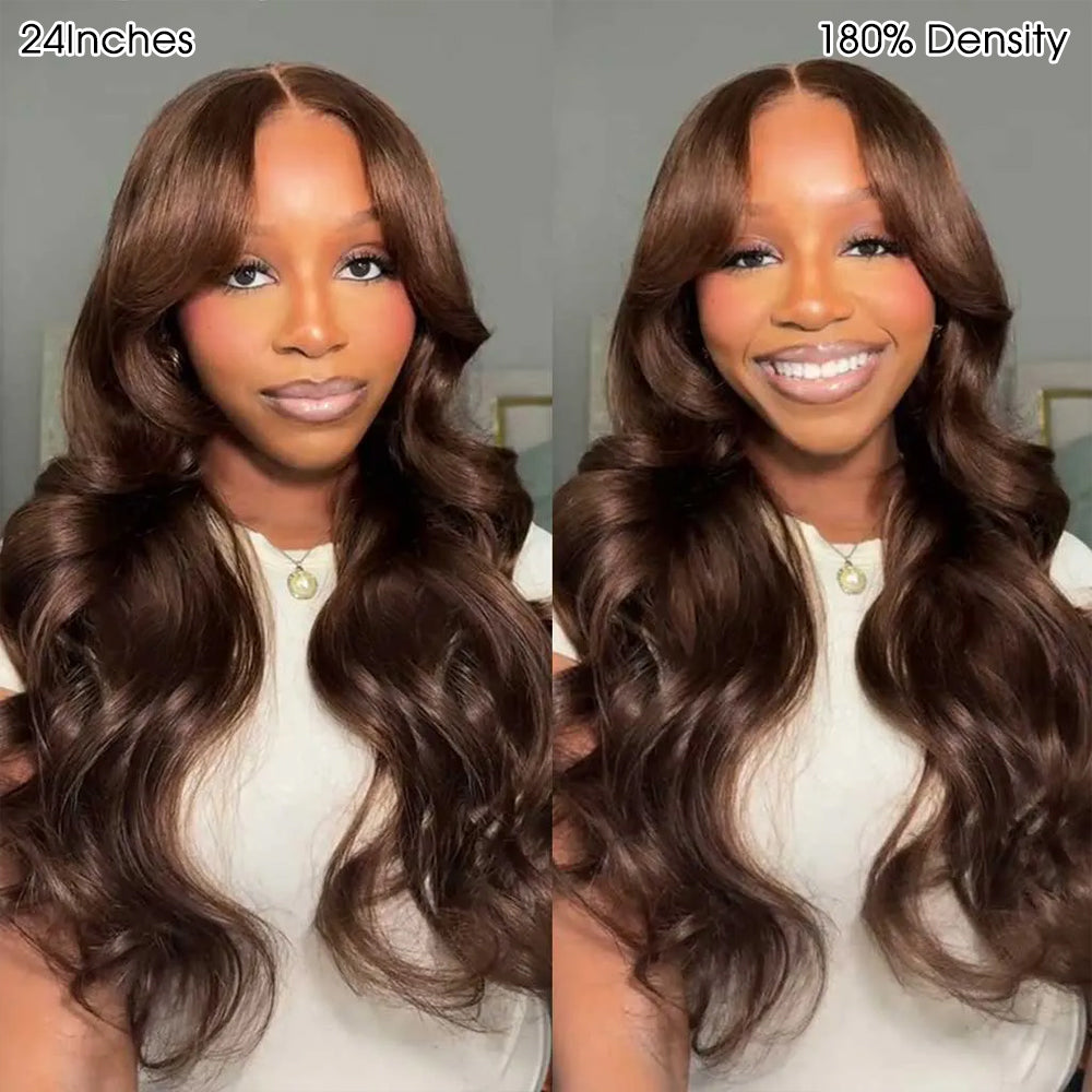 13x6 Glueless Chocolate Brown Layered Cut Face Framing Body Wave With Drawstring 100% Human Hair Wig