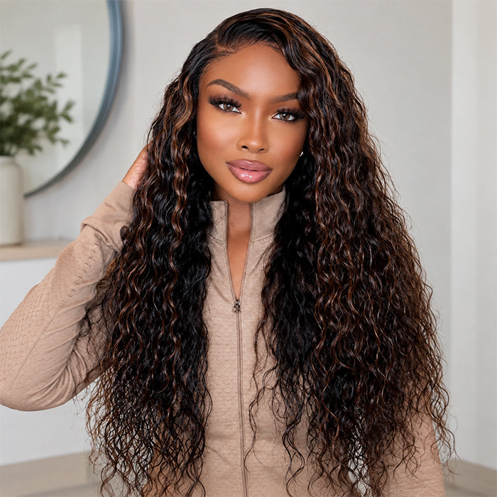 Balayage Honey Blonde Highlight Water Wave Pre-Cut 13x6 Lace Wig Glueless Human Hair Wig