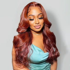 Pizazz Hair Curtain Bangs Reddish Brown Body Wave  HD Lace Frontal Wig  Human Hair Wig