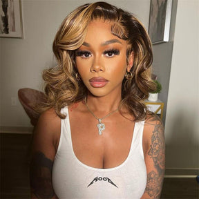 4/27 Highlight Shoulder Length Wig Body Wave Lace Front Wig Pre-plucked Hairline 180% Density