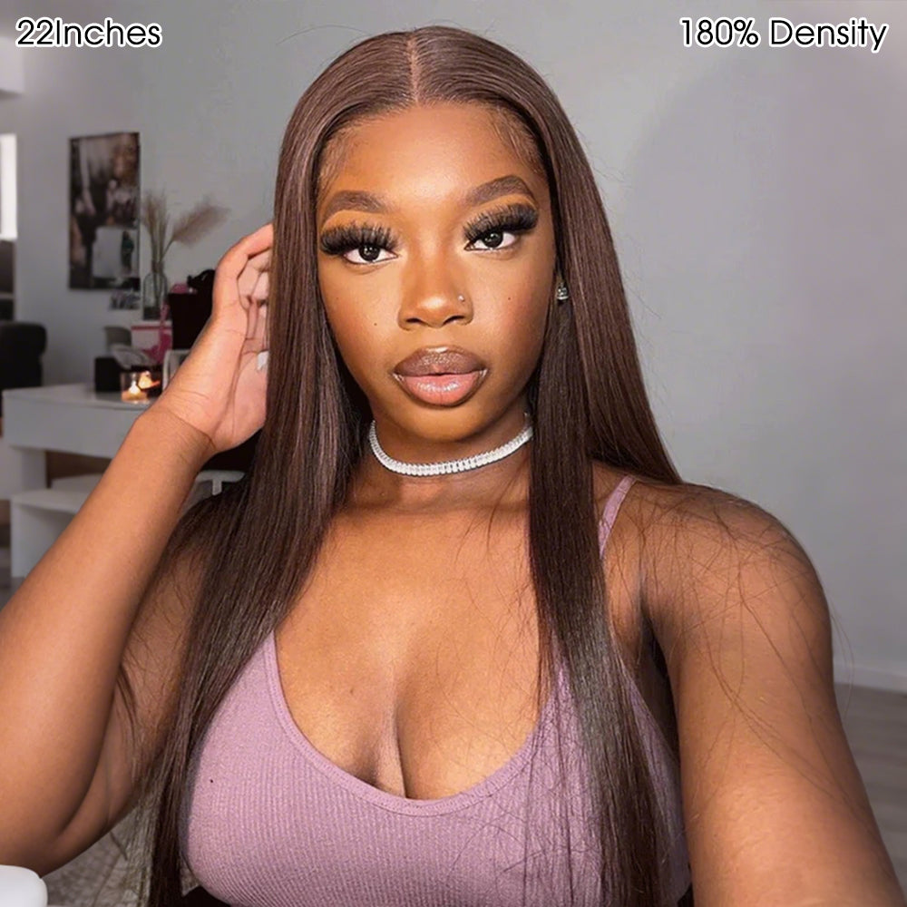 #4 Chocolate Brown Straight 13×6 HD Lace Full Frontal Wig Pull & Go Glueless Wig Versatile Styles