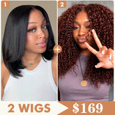 2 Wigs Set |  220% Density 5x5 HD Lace Yaki Straight Bob Wig & #33B Curly Wig Flash Sale