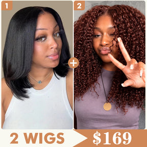2 Wigs Set |  220% Density 5x5 HD Lace Yaki Straight Bob Wig & #33B Curly Wig Flash Sale