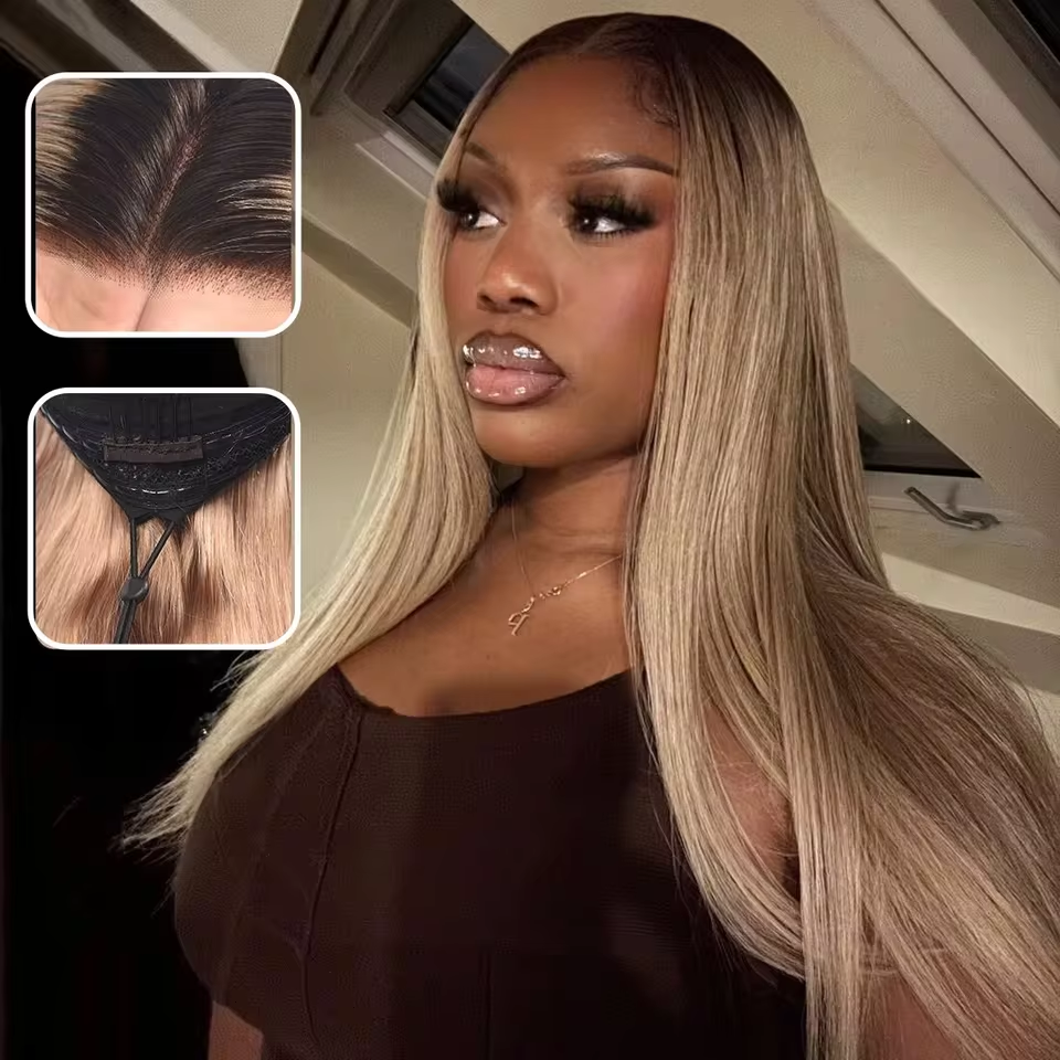Ash Blonde Mixed Dirty Blonde  With Dark Roots 13x6 HD Glueless Human Hair Wigs 220% Density