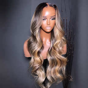 Highlight Blonde Black Root 13x4 Lace Front Wig Human Hair Pre Plucked Transparent Lace