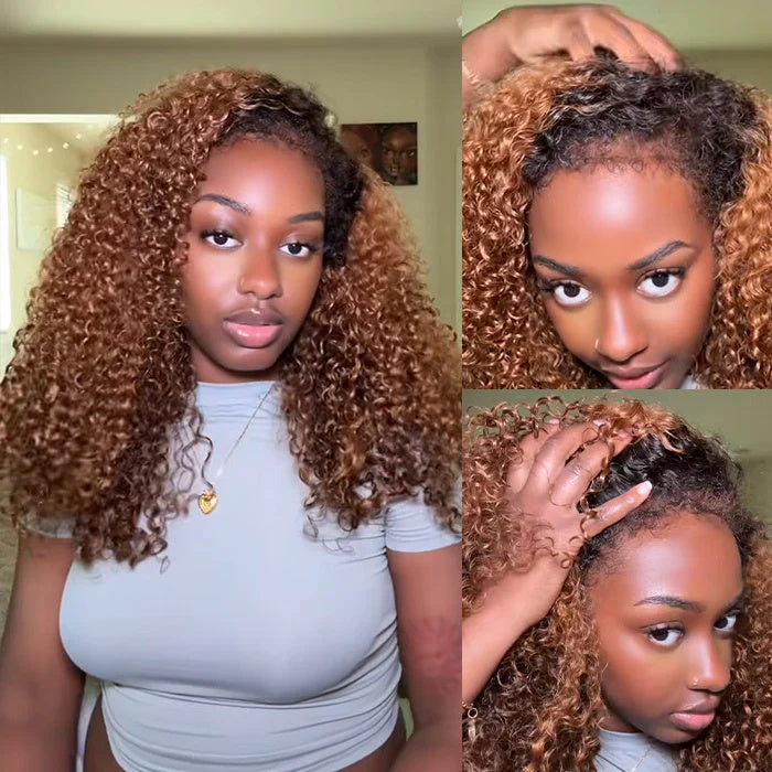 Pizazz 4C Edges Black Brown Ombre Jerry Culry  Kinky Edges 13x6 HD Lace Front Wig 100% Human Hair