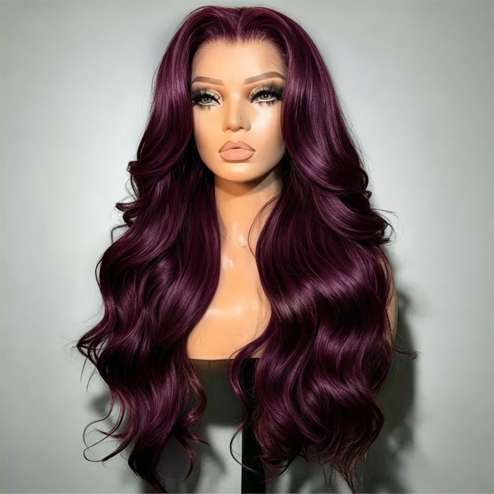 Black Cherry Color Body Wave Human Hair Wigs 13x6 Full Lace Frontal Pre-Everything Glueless Wigs
