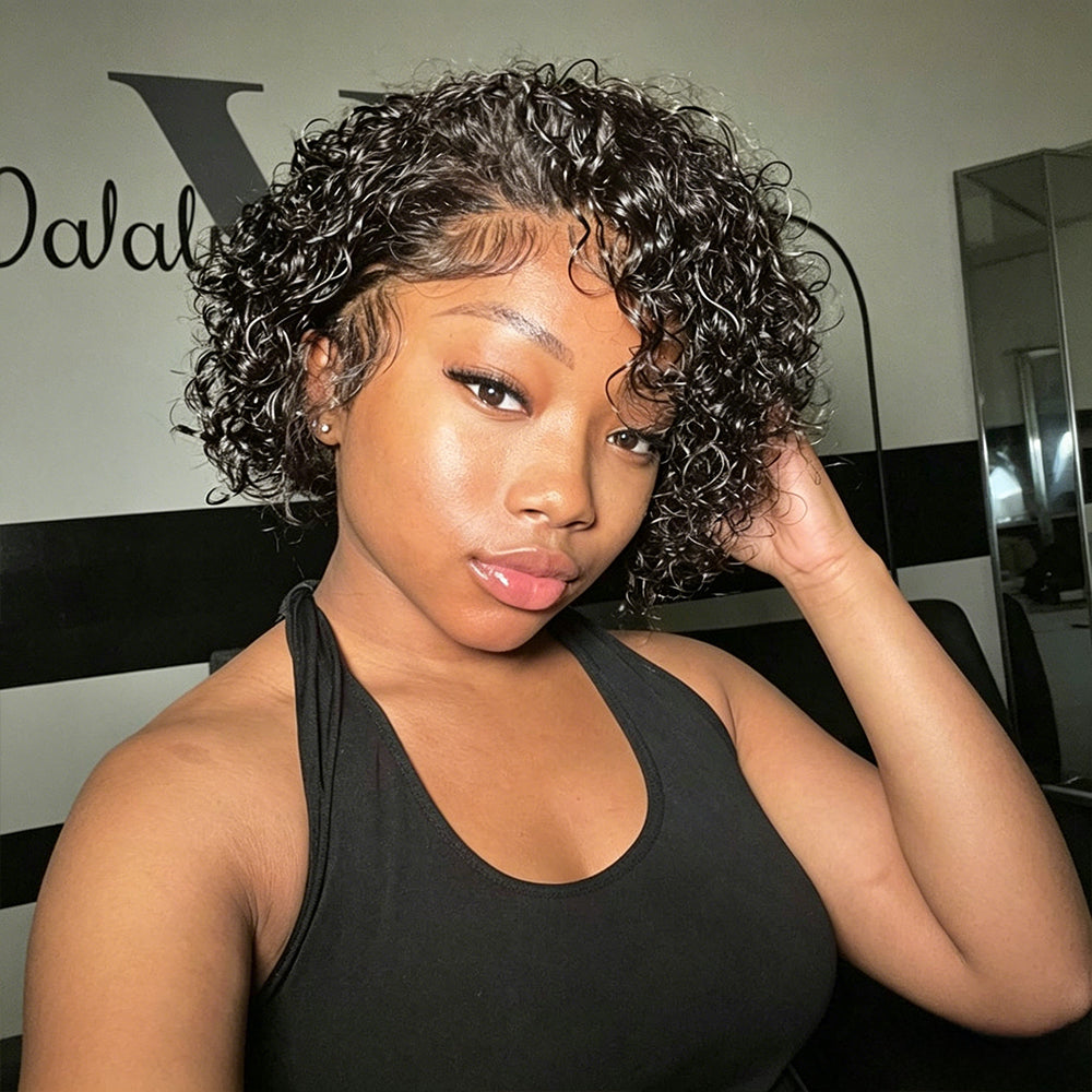Pixie Cut Water Wave Short Bob Wig Fluffy Curly Glueless 13×4 Lace Front Wigs