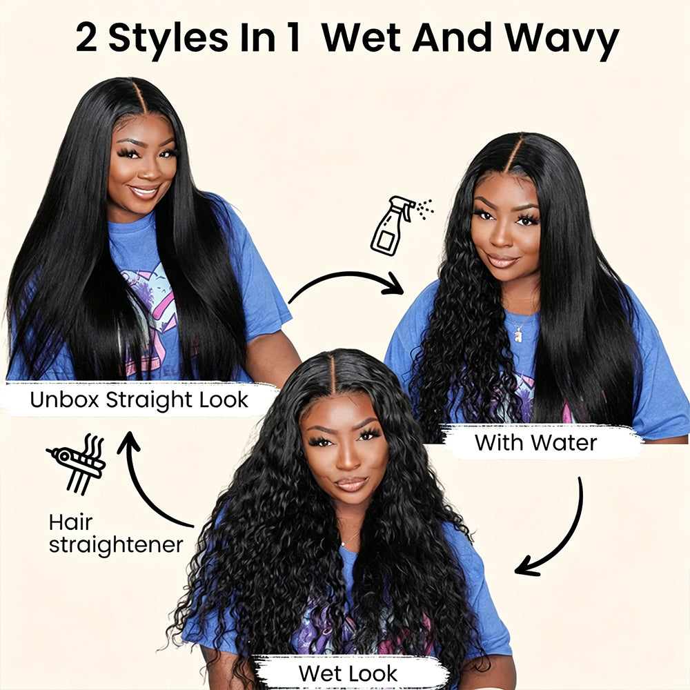 Wet and Wavy 2-in-1 Straight to Water Wave 13x6 Full HD Lace Frontal Glueless 100% Human Hair Wigs Pre Everything