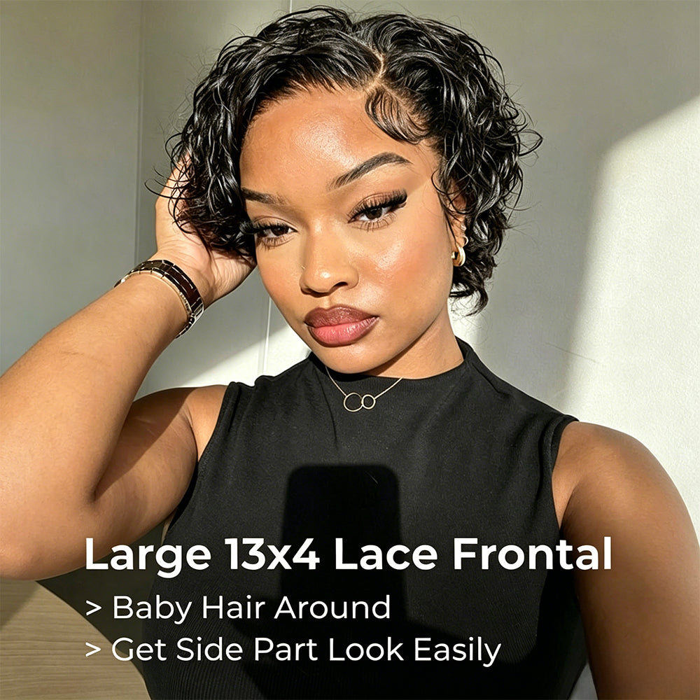 Pixie Cut Water Wave Short Bob Wig Fluffy Curly Glueless 13×4 Lace Front Wigs
