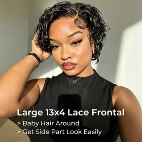 Pixie Cut Water Wave Short Bob Wig Fluffy Curly Glueless 13×4 Lace Front Wigs