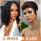 2 Wigs Set |  5x5 Deep Wave Closure Wig & Dark 99J Pixie Wigs Machine Made