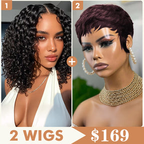 2 Wigs Set |  5x5 Deep Wave Closure Wig & Dark 99J Pixie Wigs Machine Made