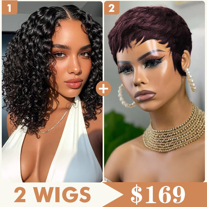 2 Wigs Set |  5x5 Deep Wave Closure Wig & Dark 99J Pixie Wigs Machine Made