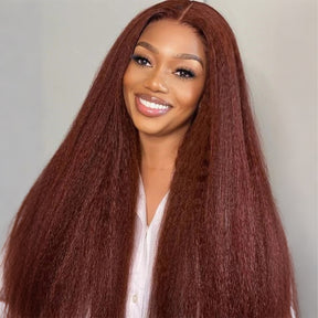 Kinky Edges 30# Medium Auburn Color Kinky Straight 13x4 Glueless HD Lace Human Hair Wig