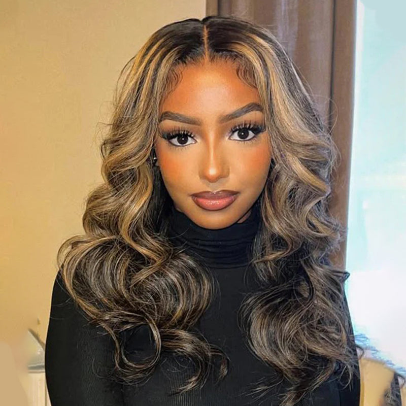 Curtain Bangs 1B/27 Blonde Balayage Highlight Body Wave Wig Glueless HD Lace Human Hair Wigs