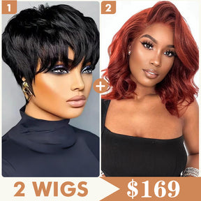 2 Wigs Set |  Layered Pixie Cut Short Bob Wigs & 5X5 HD Lace Reddish Brown Body Wave Wig