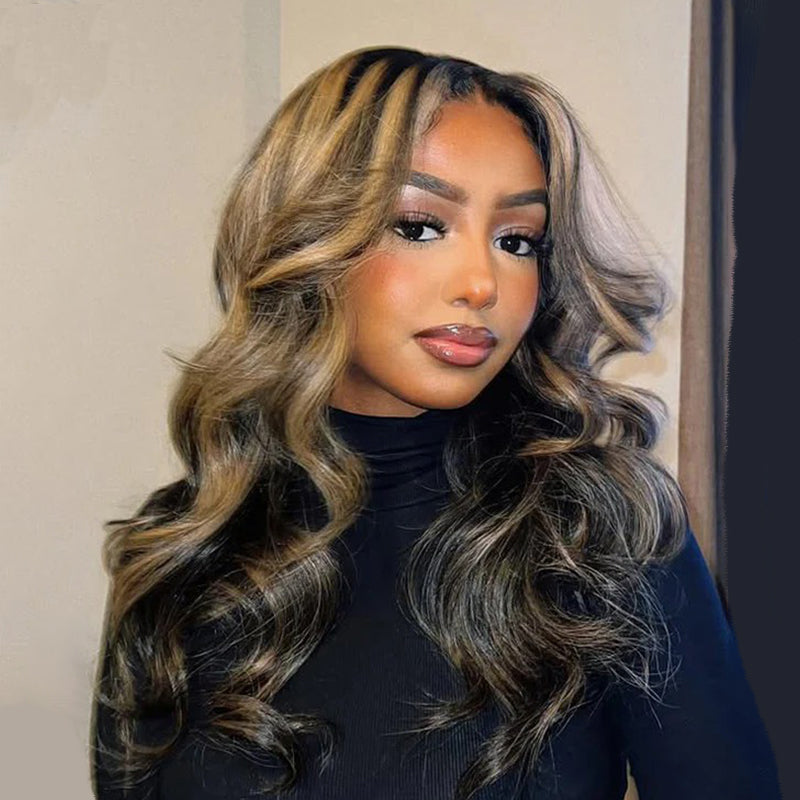Curtain Bangs 1B/27 Blonde Balayage Highlight Body Wave Wig Glueless HD Lace Human Hair Wigs