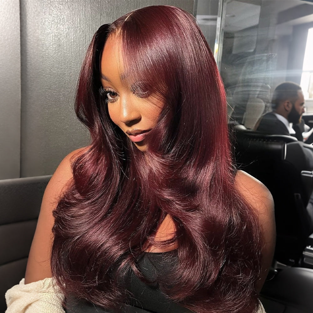 Black Cherry Layered Cut Glueless Wig 13x6 Lace Front Straight Human Hair