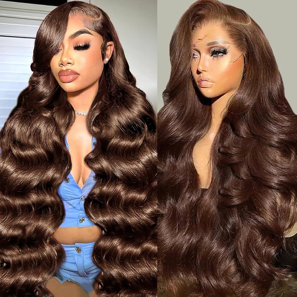 Pizazz New Chocolate Brown Wig Body Wave 13x6 Full Lace Drawstring Wig Pre Plucked Natural Hairline 250% Density