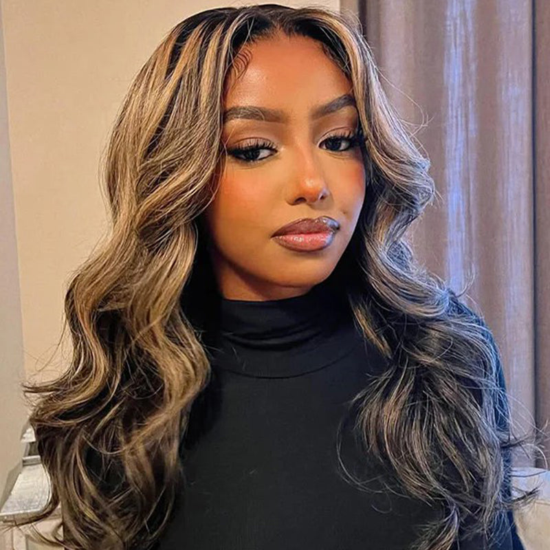 Curtain Bangs 1B/27 Blonde Balayage Highlight Body Wave Wig Glueless HD Lace Human Hair Wigs