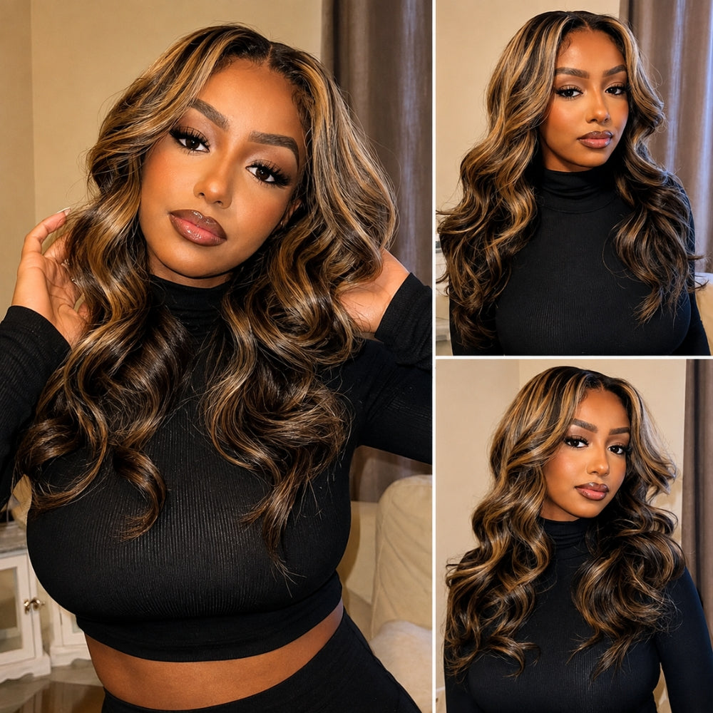 13x6 Glueless HD Lace 1B/27 Dark Brown with Honey Blonde Highlights Body Wave Lace Frontal Wig