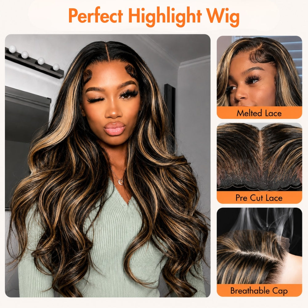 13x6 Glueless HD Lace 1B/27 Dark Brown with Honey Blonde Highlights Body Wave Lace Frontal Wig