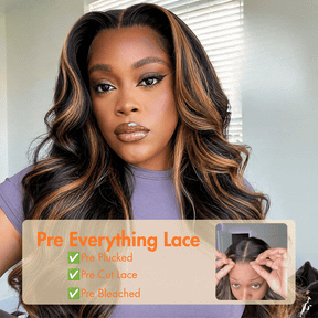 13x6 Glueless HD Lace 1B/27 Dark Brown with Honey Blonde Highlights Body Wave Lace Frontal Wig
